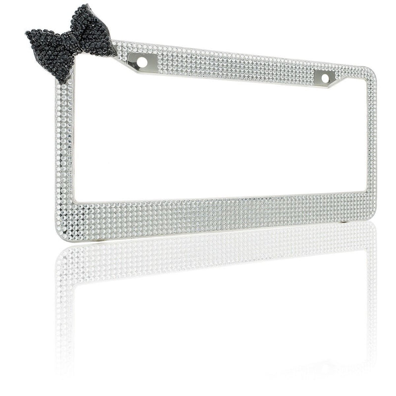 Clear 7 Rows Bling Diamond Crystal License Plate Frame With Corner Black Bow Tie