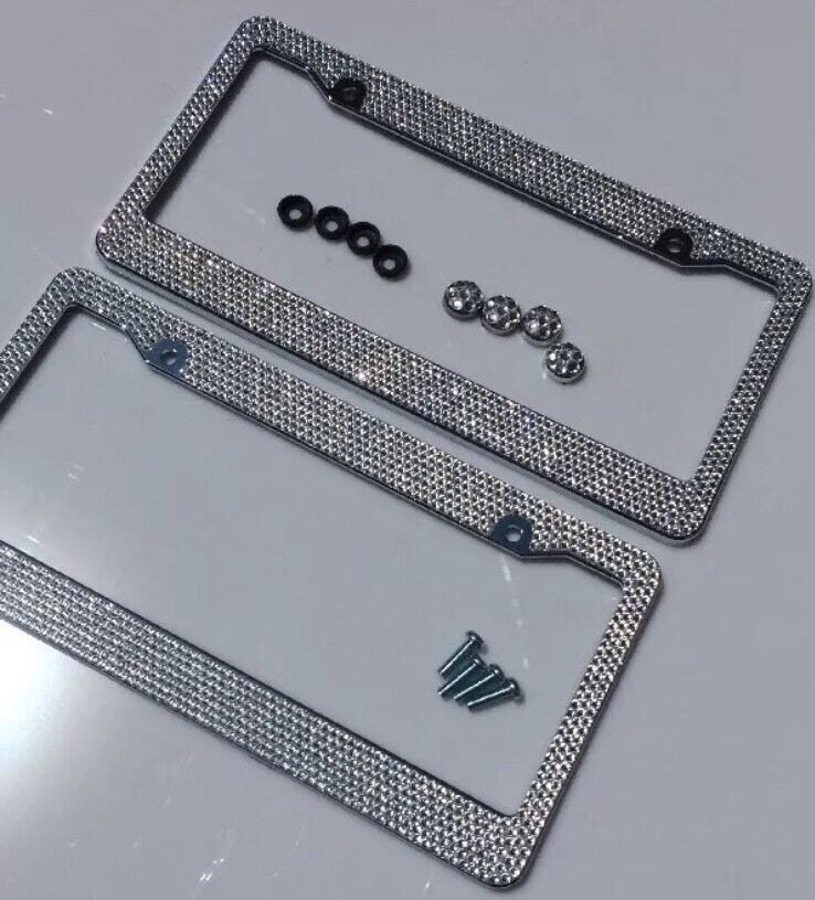 2pc Silver Diamond Bling Rhinestone Metal License Plate Frame Cover For Any Car