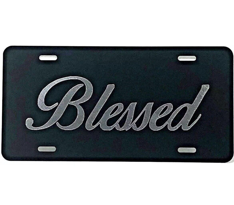 Blessed logo Car Tag Diamond Etched on Black Aluminum License Plate