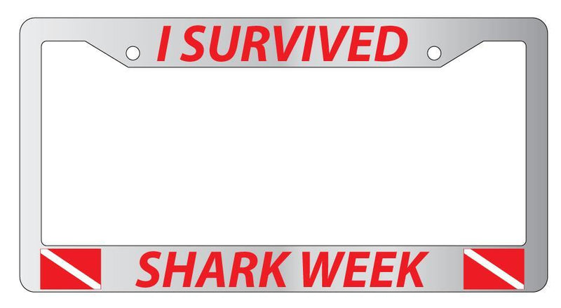 Chrome License Plate Frame I SURVIVED SHARK WEEK FLAG (RED) Auto Accessory  Mod-GRAPH9856236-4932