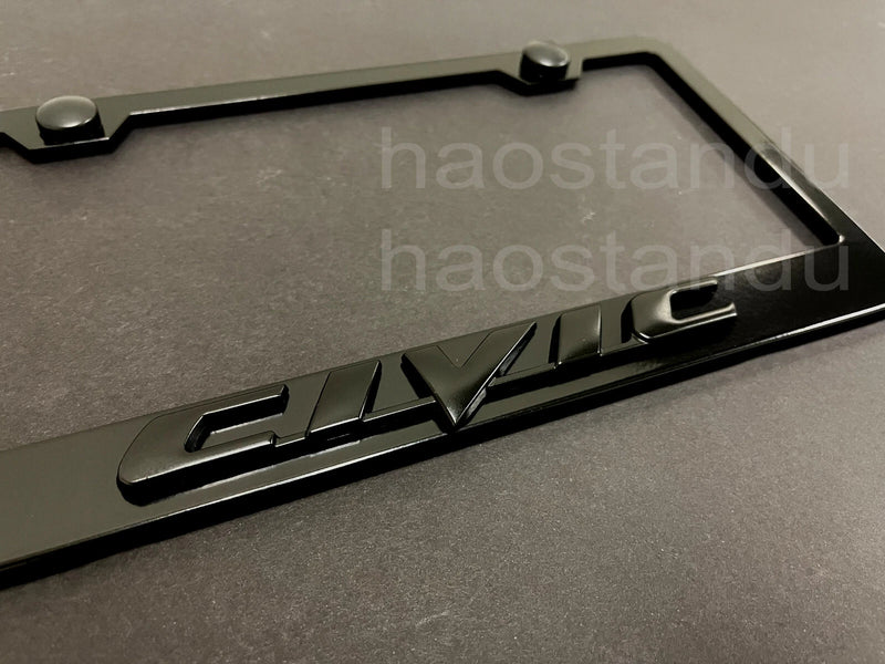 1x Black CIVIC 3D Emblem BLACK Stainless License Plate Frame RUST FREE + S.Cap