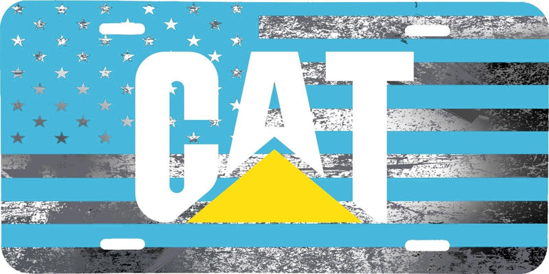 CAT CATERPILLAR LIGHT BLUE AND GRAY AMERICAN FLAG LICENSE PLATE TRACTOR TAG