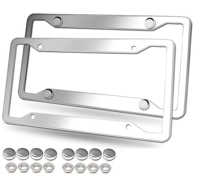 License Plate Frames, 2 Pcs 4 Holes Slim Stainless Steel Polish Mirror + Caps