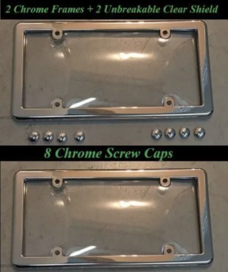 2 UNBREAKABLE Clear License Plate Shield Covers + 2 Chrome Frames + 8 Screw Caps