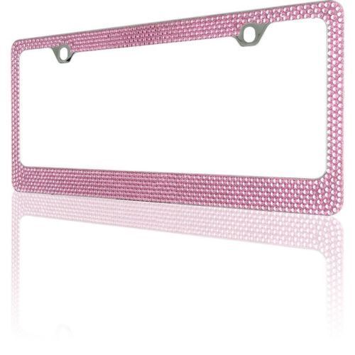 2 PACK Shining 7 Rows PINK Diamond Metal License Plate Frame+ Pink Ring+Caps