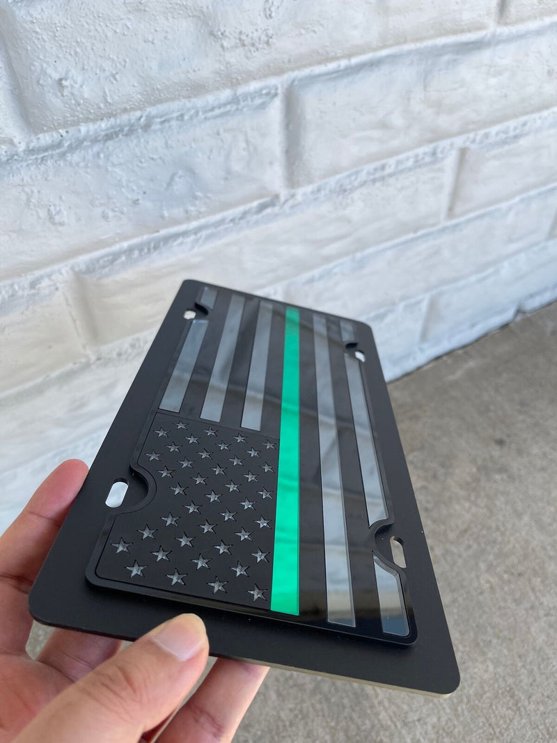 American Flag Green Thin Line Acrylic Vanity License Plate Blacked Out Tactical