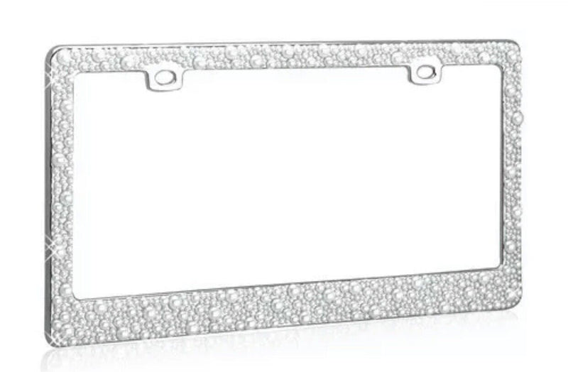 Rhinestone Diamond White PEARLS Over Chrome Metal License Plate Frame for CAR