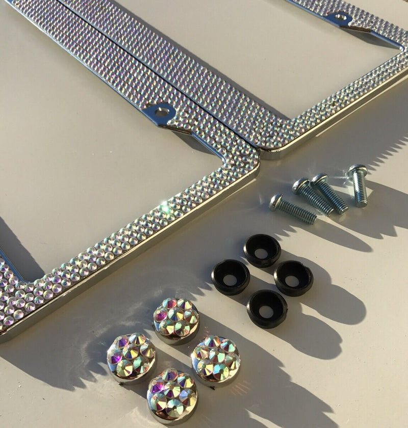 Pair Prism Effect Silver Bling Crystal RhineStone License Plate Frame Car Truck v2