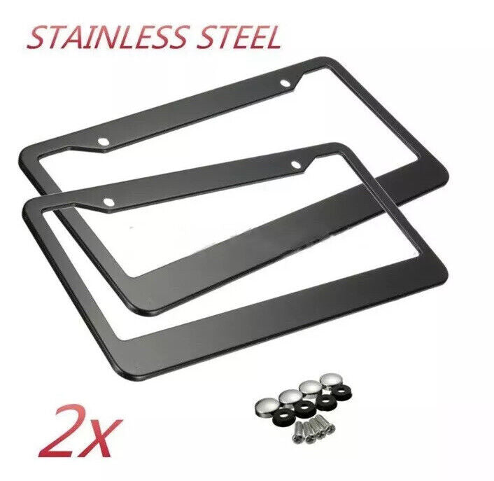2Pcs Black Metal License Plate Frame Cover Screw Caps Stainless Steel New