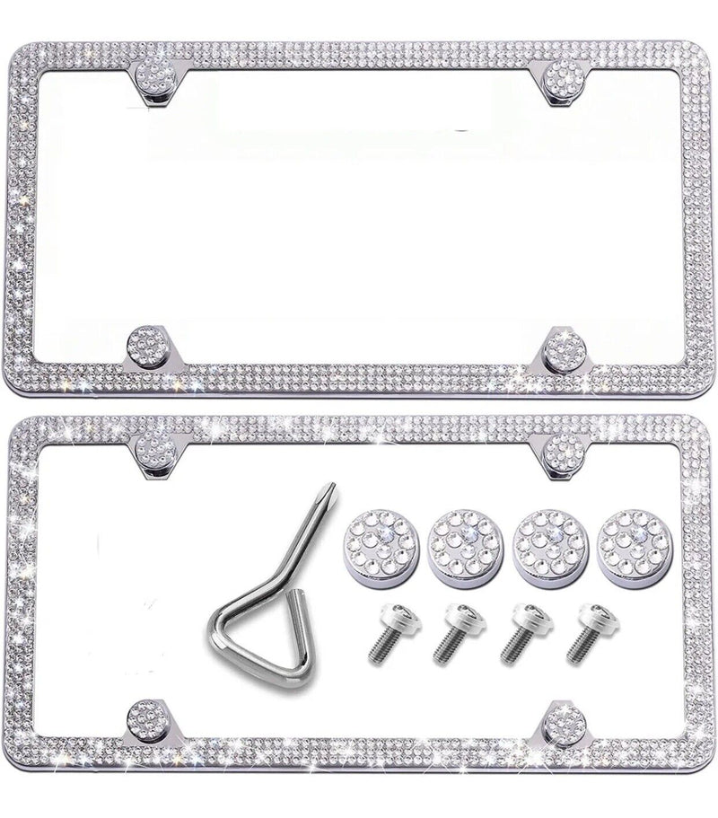 2pcs White Thin Diamond Bling Glitter Crystal RhineStone License Plate Frame Car