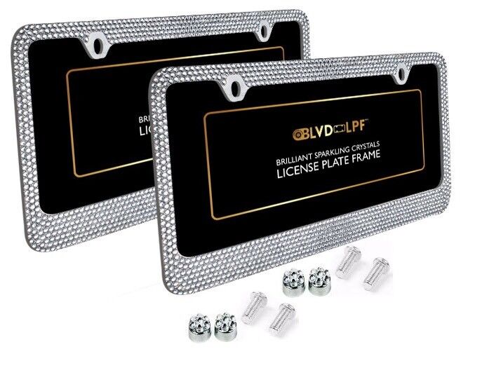 Metal License Plate Frame Bling RhineStone Chrome Crystal Diamond Glitter 2pc