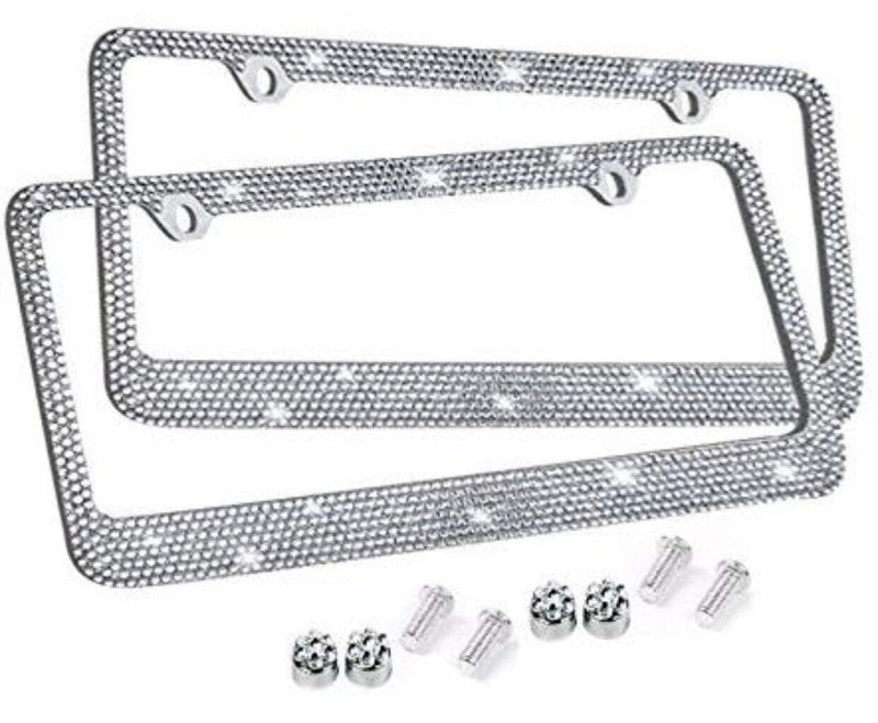 2 Silver Metal Diamond Bling Glitter License Plate Frame Cover Crystal RhineSton