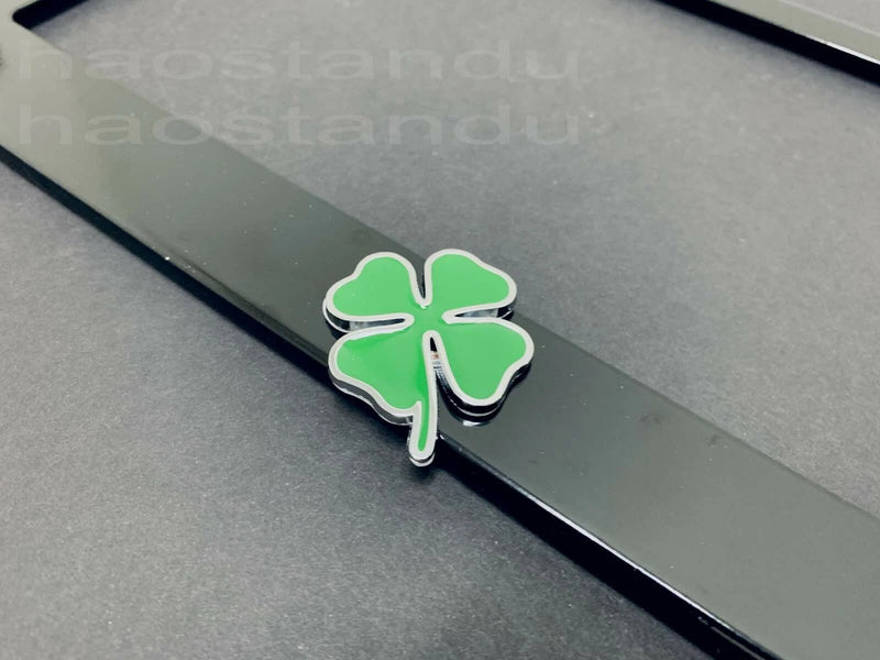 1x QUADRIFOGLIO 3D Emblem BLACK Stainless License Plate Frame Four Leaf Clover