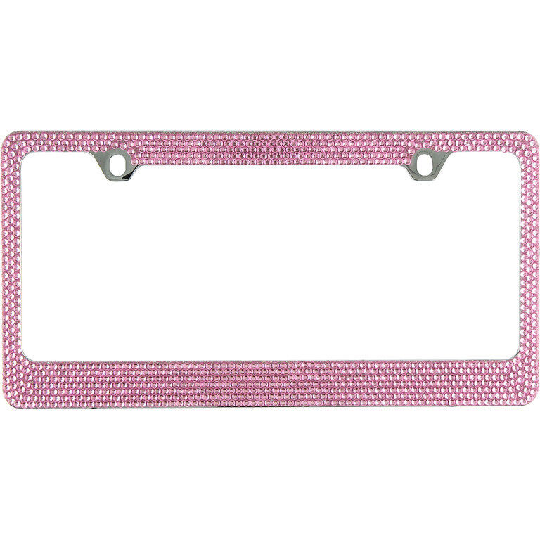 2 PACK Shining 7 Rows PINK Diamond Metal License Plate Frame+ Pink Ring+Caps