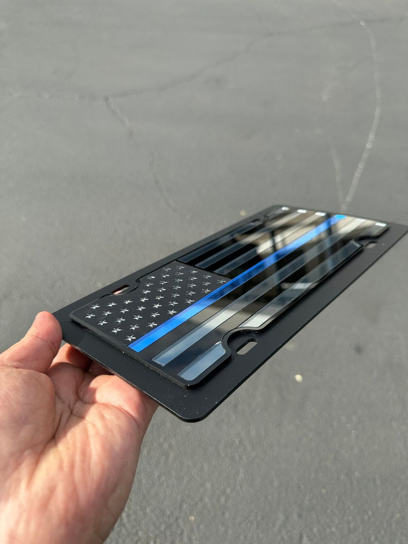 Blue Line Blacked Out USA Flag Mirror Acrylic License Plate Police Lives Matters