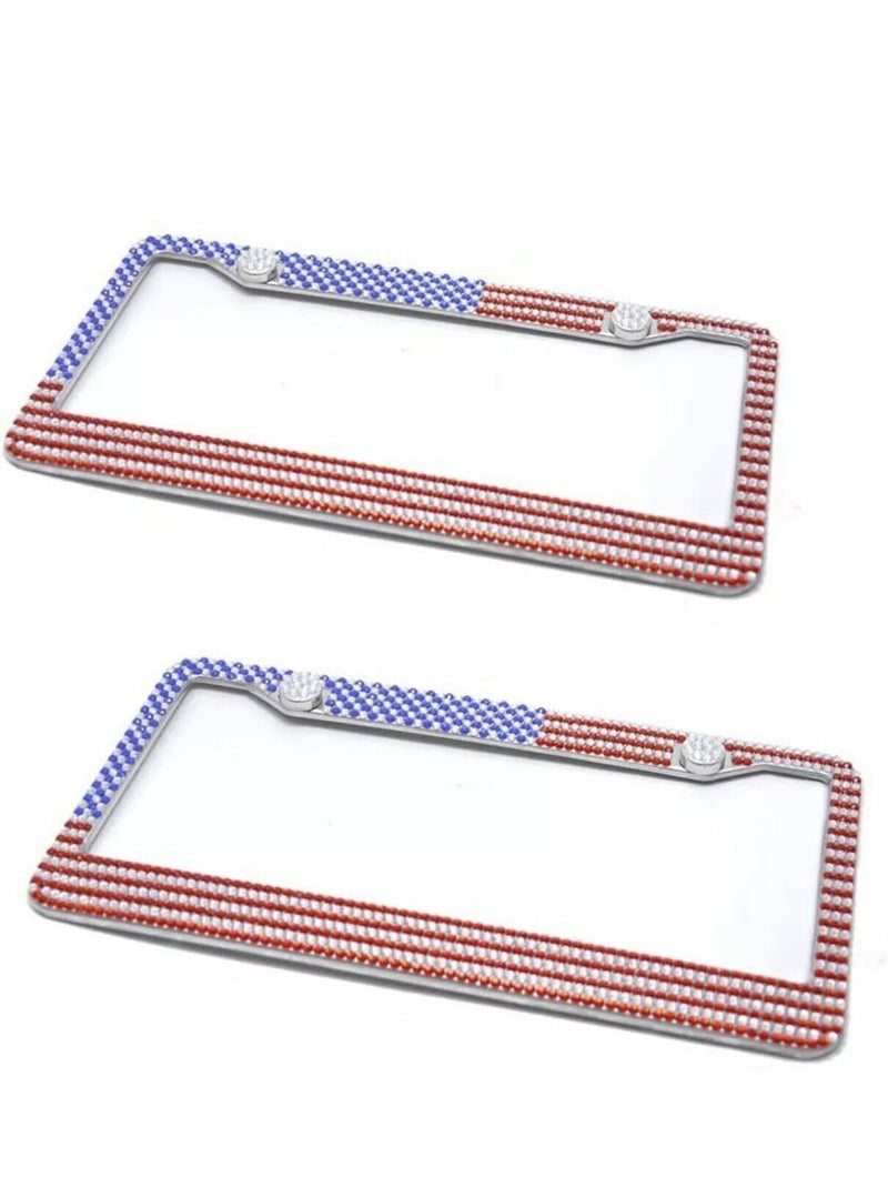 2X Metal USA American Flag Crystal Bling Style License Plate Frame Universal Fit