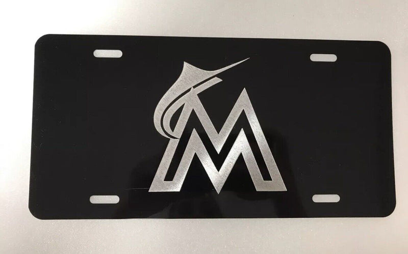 Miami Marlins Logo Car Tag Diamond Etched on Black Aluminum License Plate