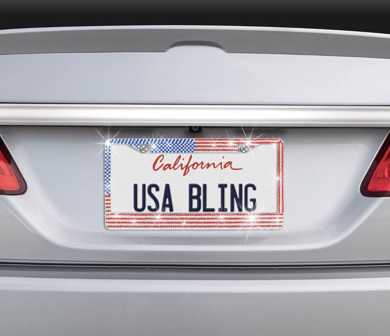 2X Metal USA American Flag Crystal Bling Style License Plate Frame Universal Fit